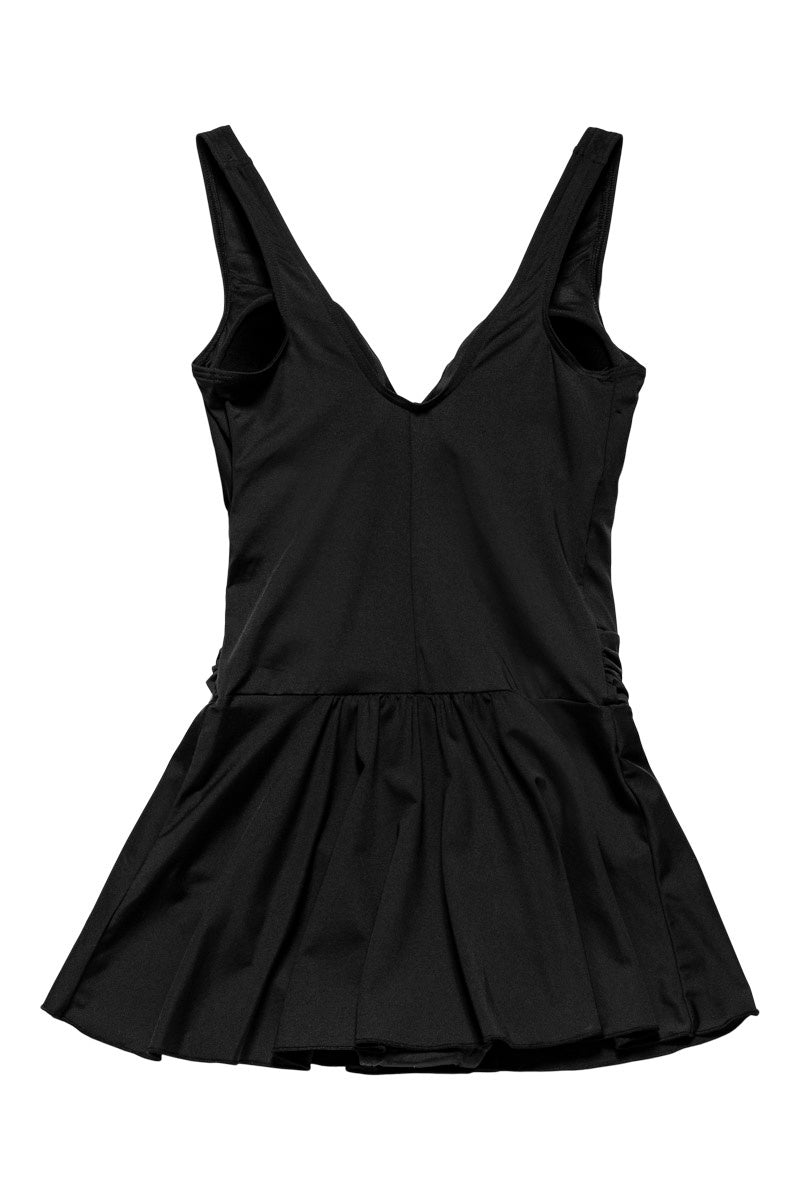 Venezia swim dress with draped waist and small skirt in elegant black – moulded cups and silver clasp detail